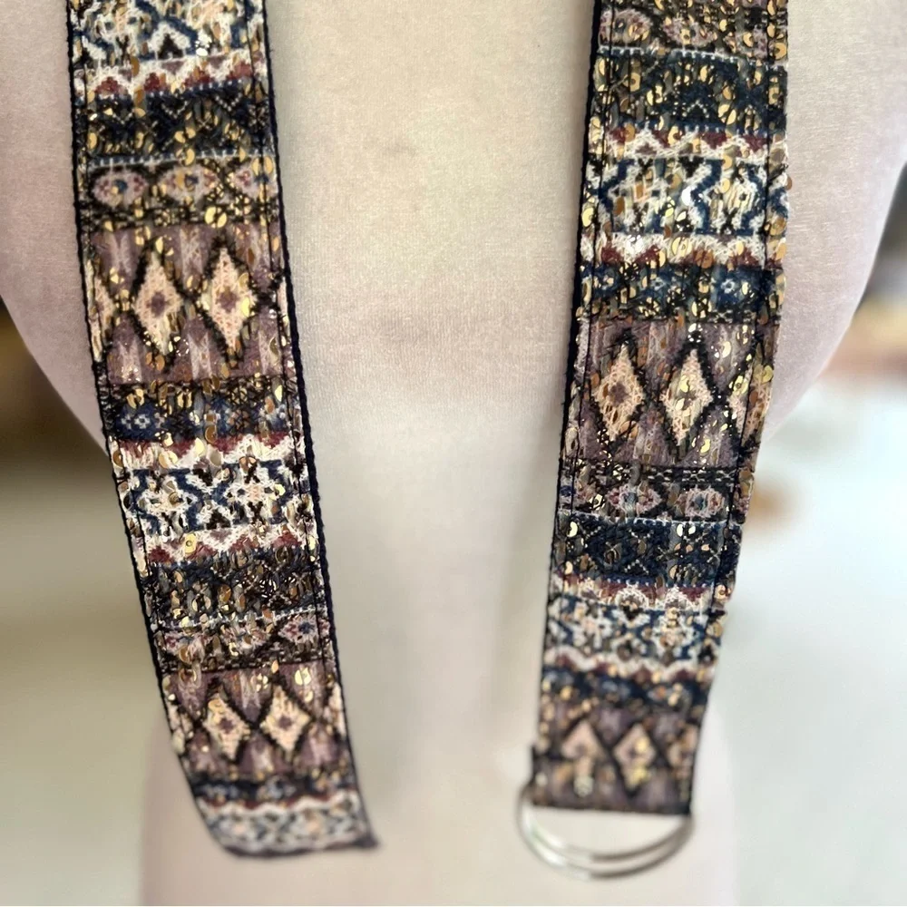 Belt Southwestern Aztec Print Fabric Gold Sequin Blue Brown M Concert Festival